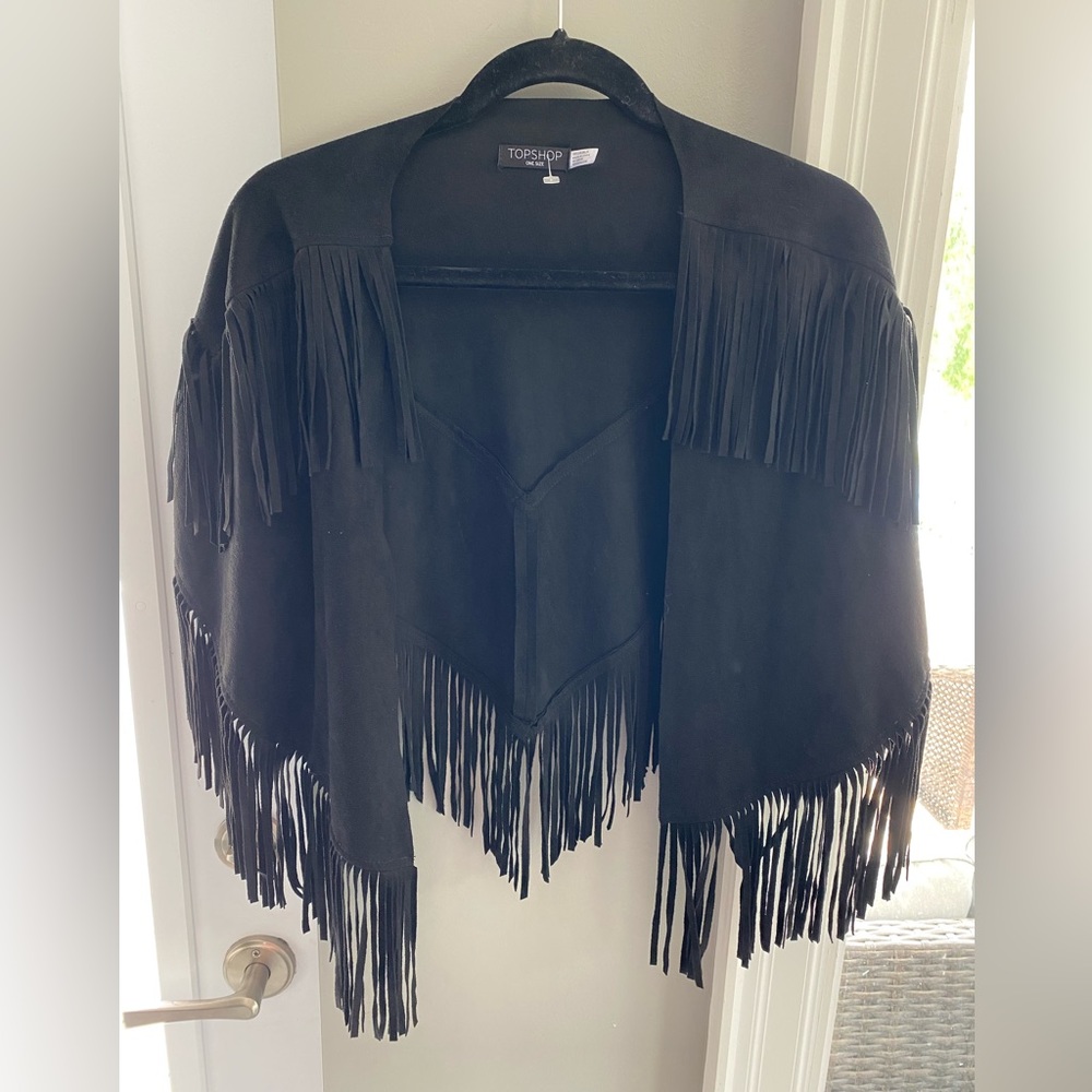 Topshop Black Fringe Suede Open Jacket